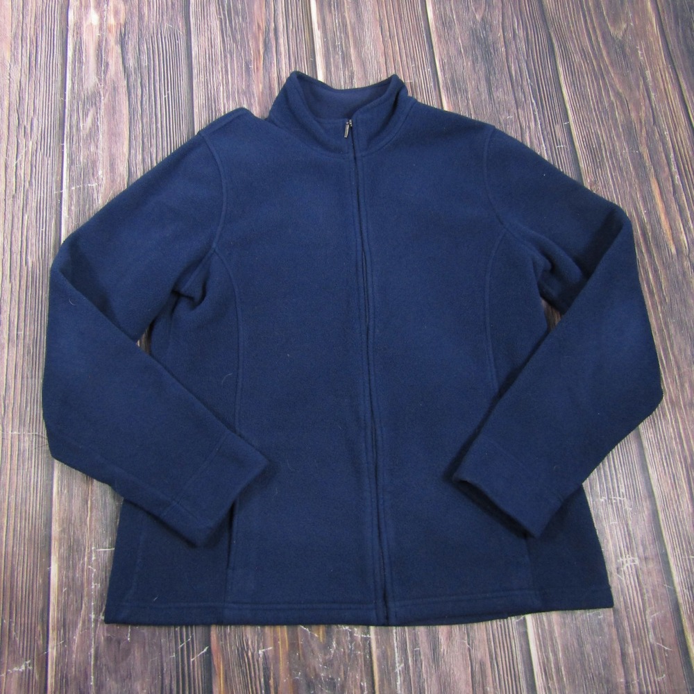 L.L.Bean Fleece Jacket Women M Navy Blue Full Zip Mock Neck Stretch 259072